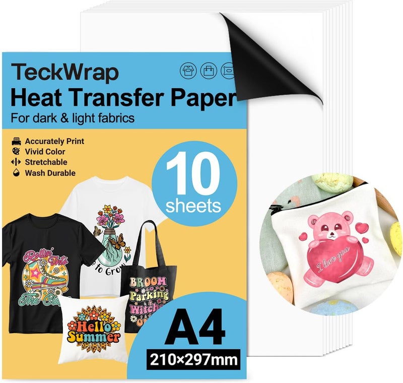 TECKWRAP ورق نقل حراري قابل للطباعة للتي شيرتات 15 ورقة، 8.3" × 11.7" فينيل نقل حراري قابل للطباعة لطابعة نفث الحبر، ورق نقل بالكي للأقمشة الفاتحة والداكنة (أبيض غير لامع) - Image 1